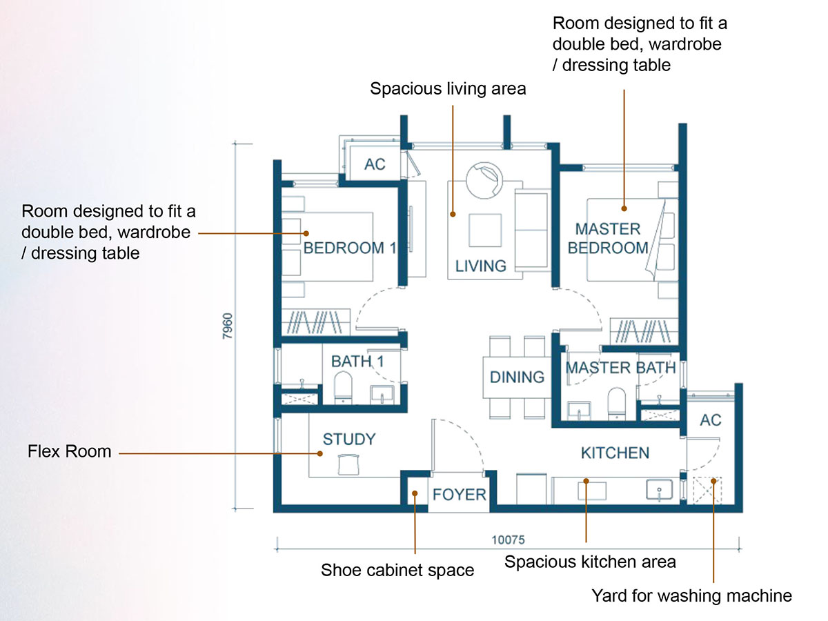 Aricia Type B 757sf 2+1 Bedroom Floor Plan