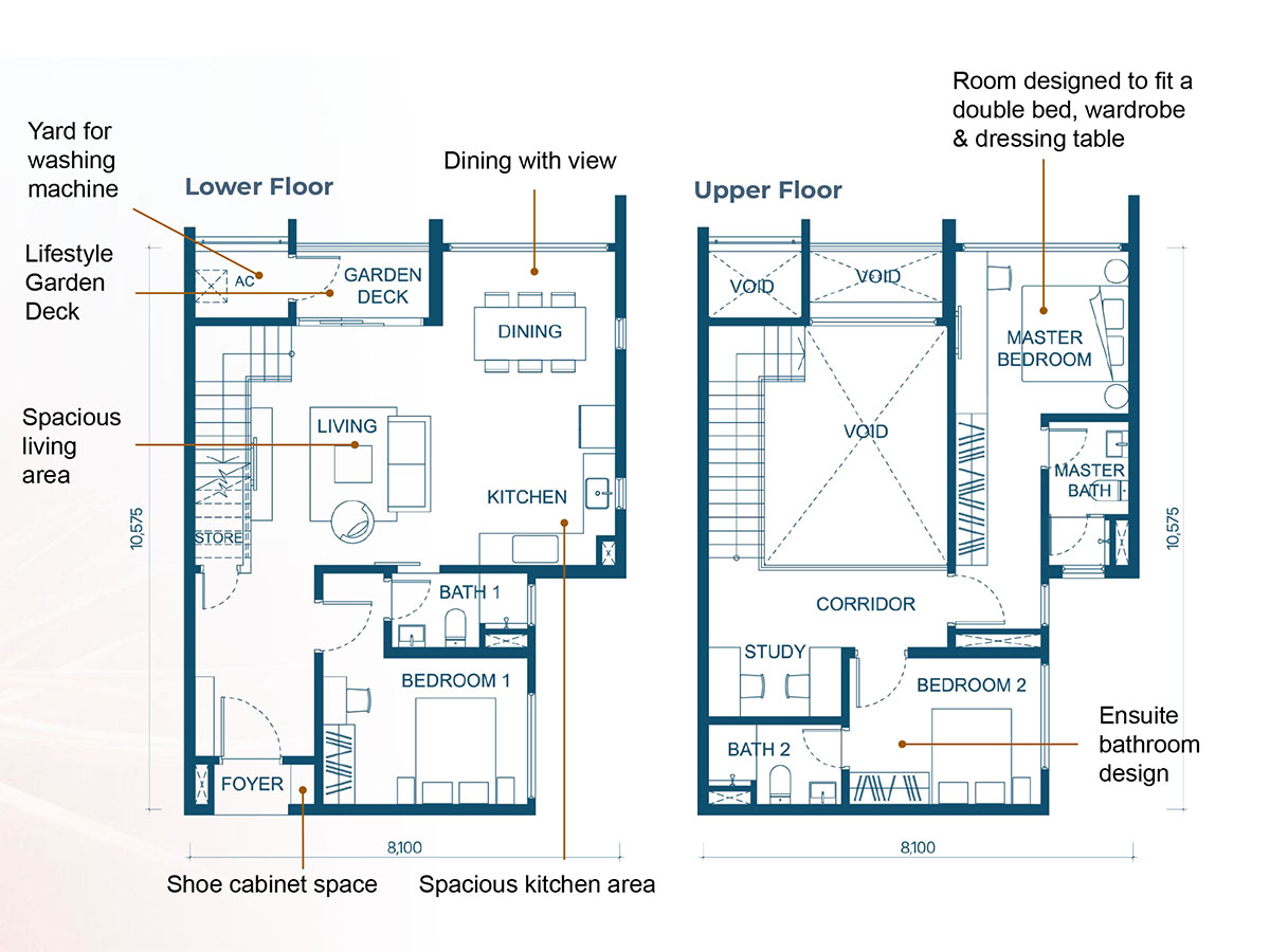 Aricia Type D1 1410sf Duplex 3+1 Bedroom Floor Plan